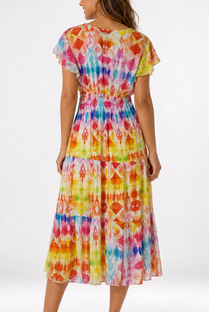 V Neck Tiered Abstract Print Midi Dress 961-K1 - Multi (2)