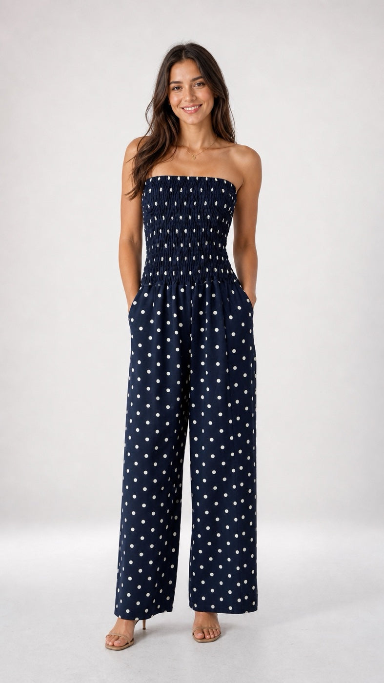 Polka Dot Shirred Strapless Wide-Leg Jumpsuit - Mixed Pack