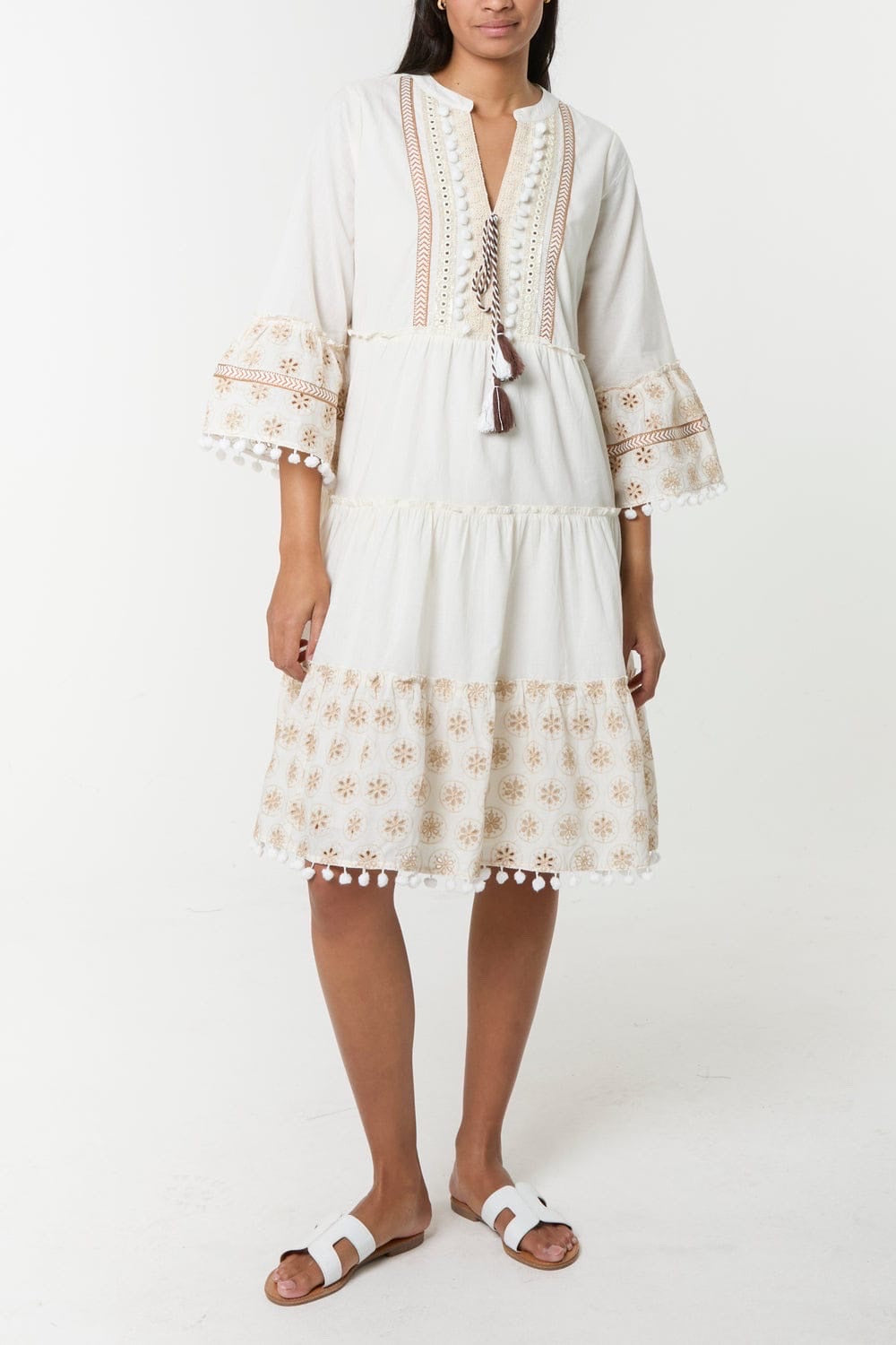 Embroidered Tiered Midi Dress with Pom-Pom Trim - White