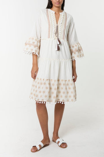 Embroidered Tiered Midi Dress with Pom-Pom Trim - White