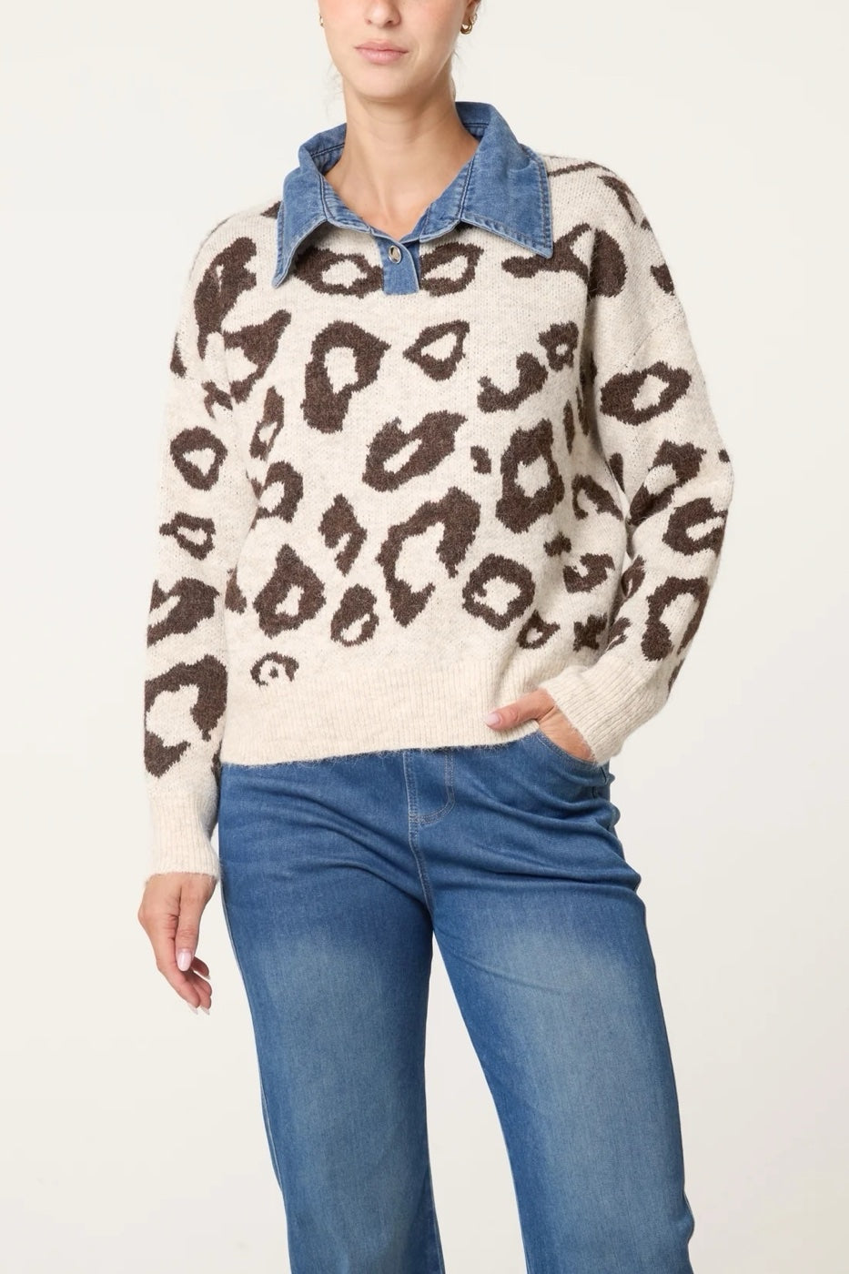 Leopard Print Jumper with Denim Collar - Chocolate