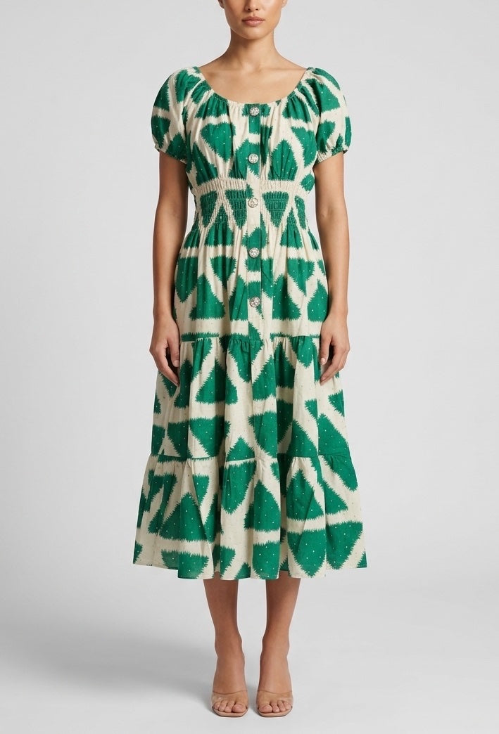 Shirred Puff Sleeve Midi Dress - Green