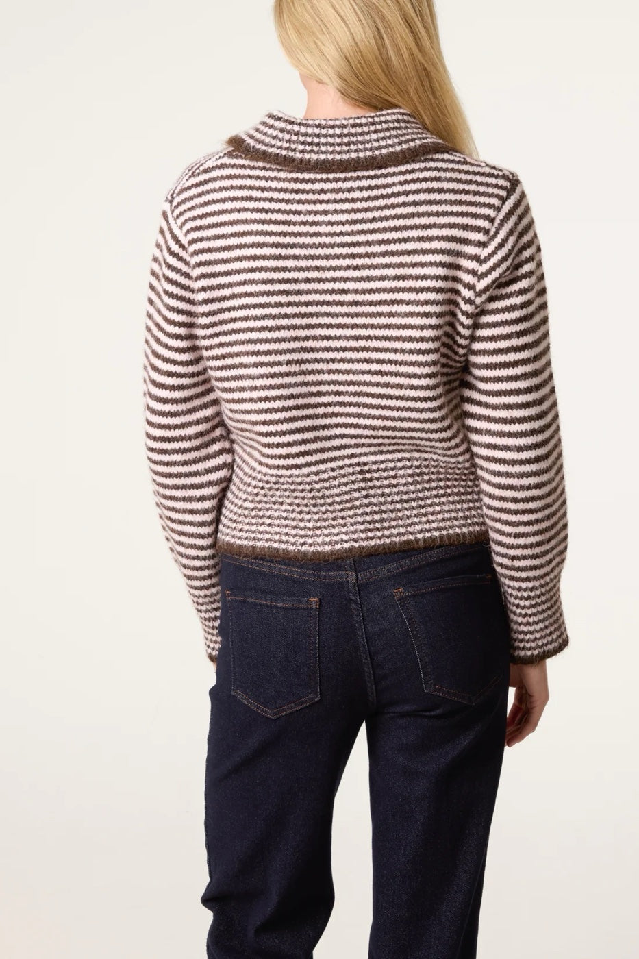 Striped Collared Wool Blend Cardigan - Pink/Brown (2)