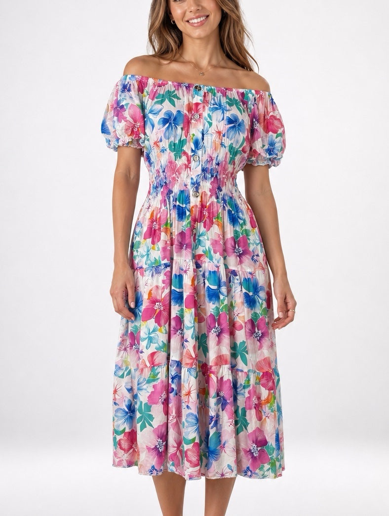 Floral Off-the-Shoulder Midi Dress 958-J3 - Multi