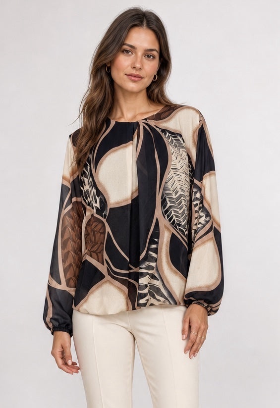 Abstract Print Gathered Neck Blouse - Black