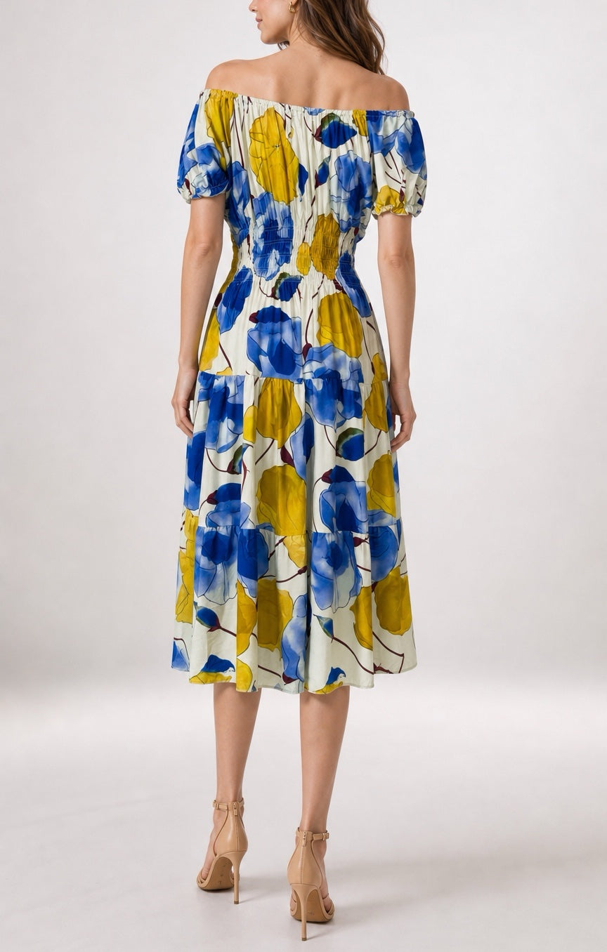Off-the-Shoulder Shirred Puff Sleeve Midi Dress - Blue (2)