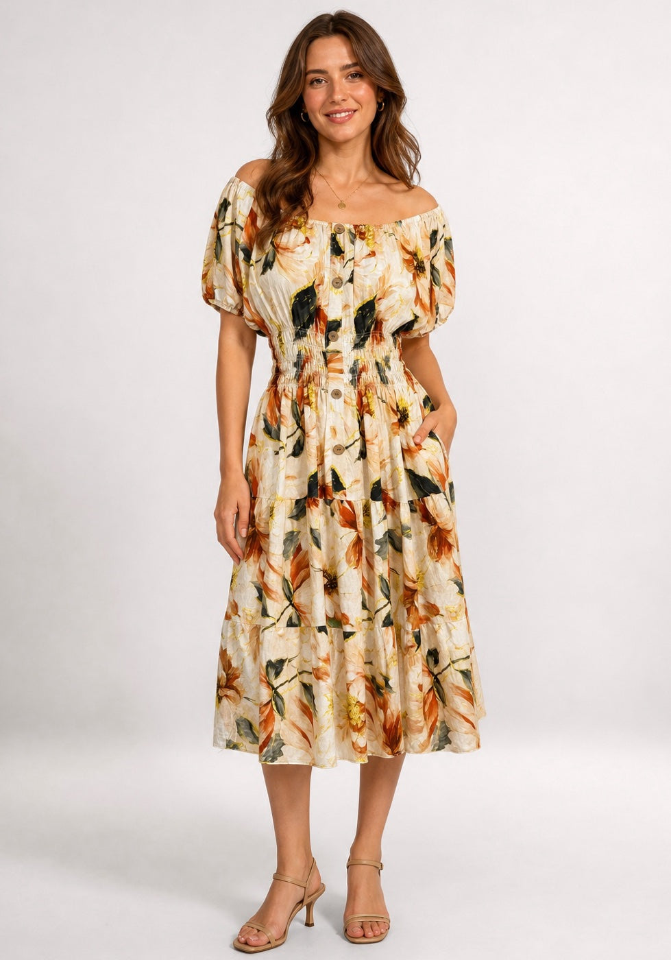 Floral Bardot Midi Dress with Smocked Waist - Mixed Pack