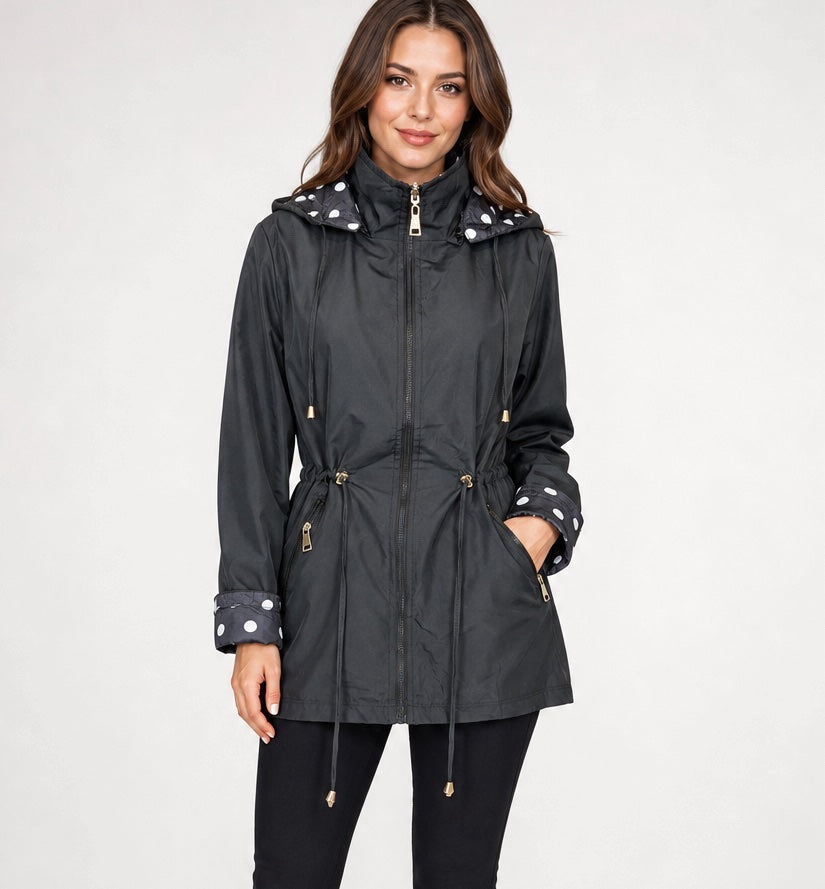 Hooded Water-Resistant Jacket with Drawstring Waist - Black
