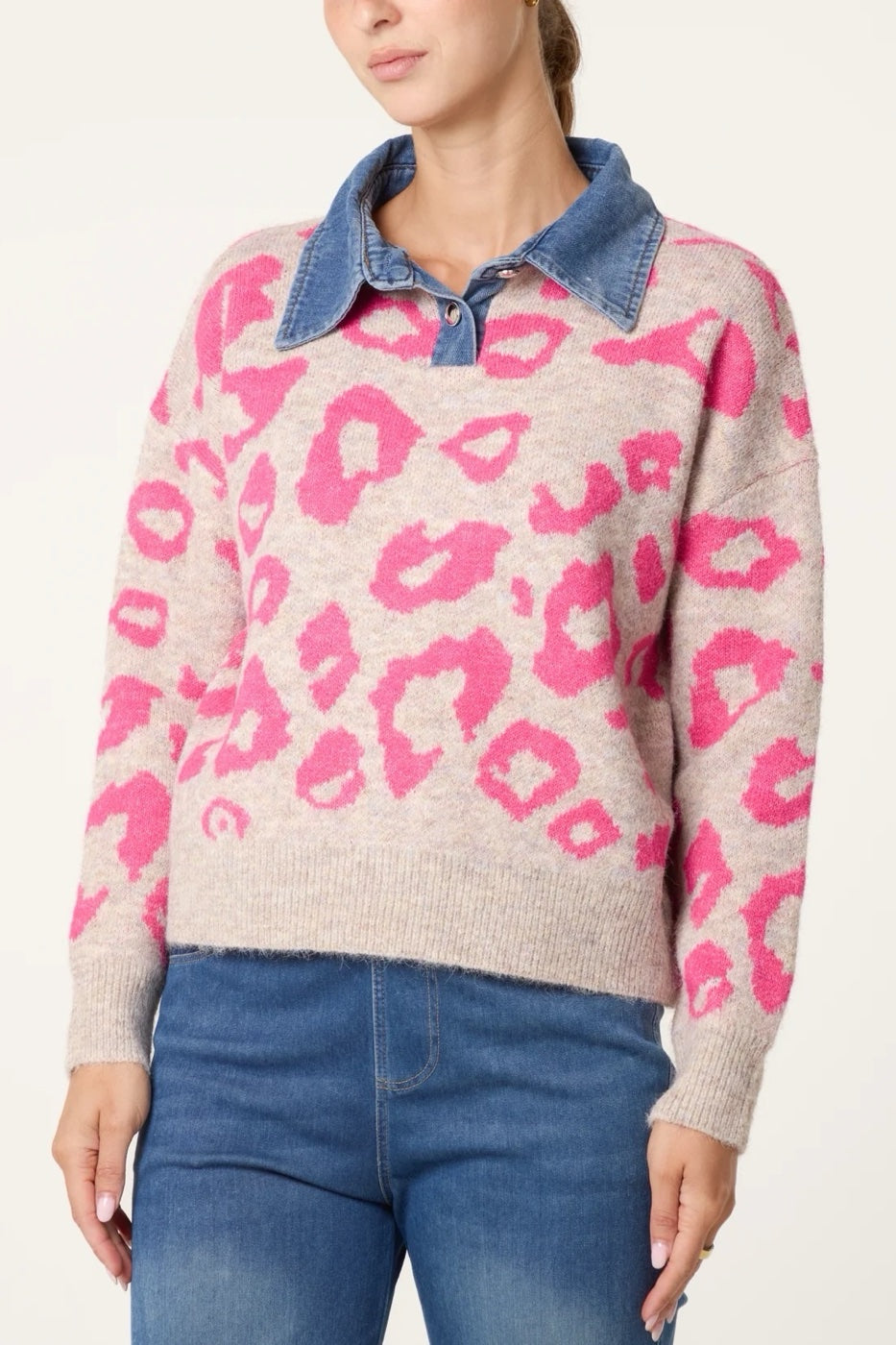Leopard Print Knit Sweater with Denim Collar - Hot Pink