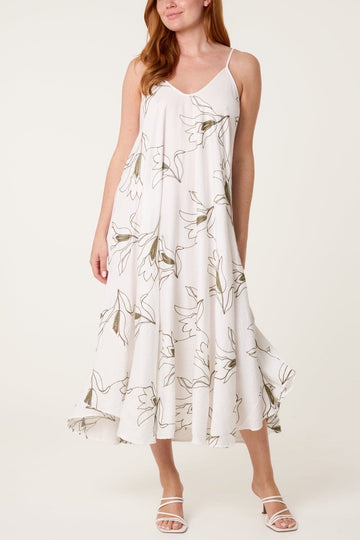 Floral Print Midi Dress with Spaghetti Straps - Green