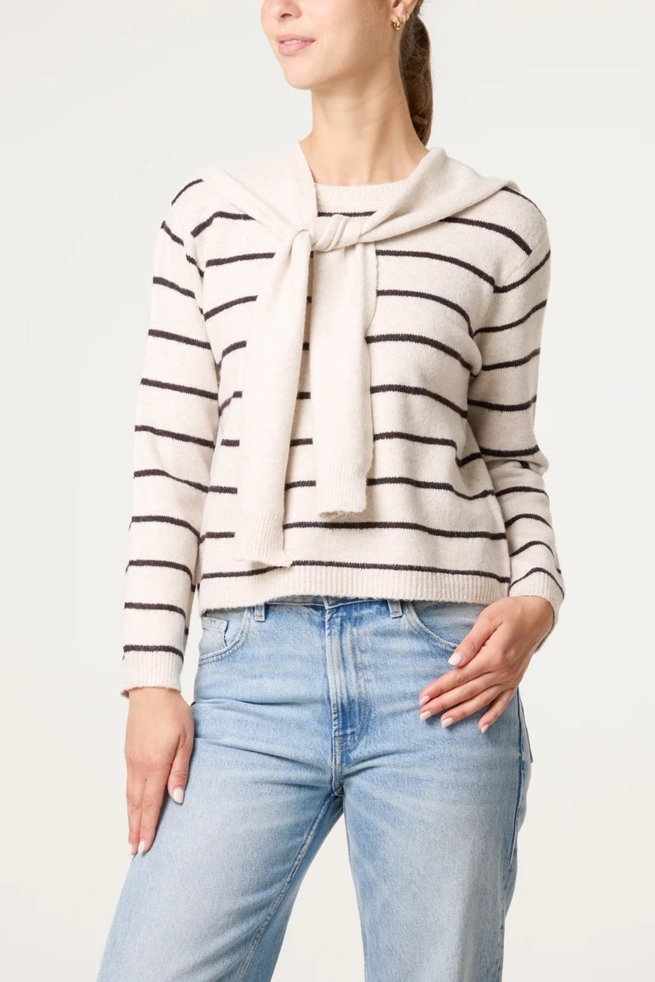 Striped Knit Crewneck Scarf Sweater - Navy