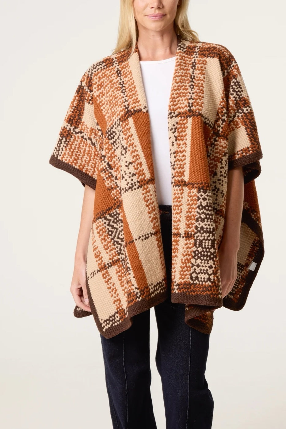Geometric Pattern Knit Poncho - Brown