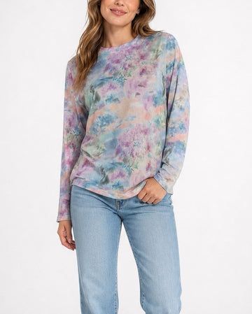 Tie-Dye Print Relaxed Fit Long Sleeve netted top - Lilac