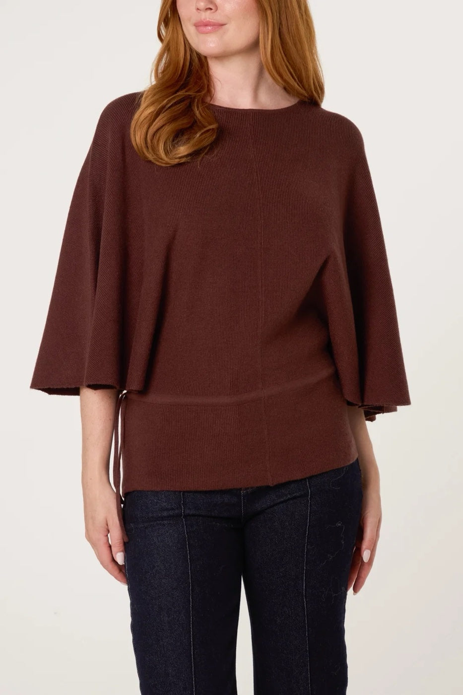 Flowing Knit Jumper with Cinched Waist - Chocolate