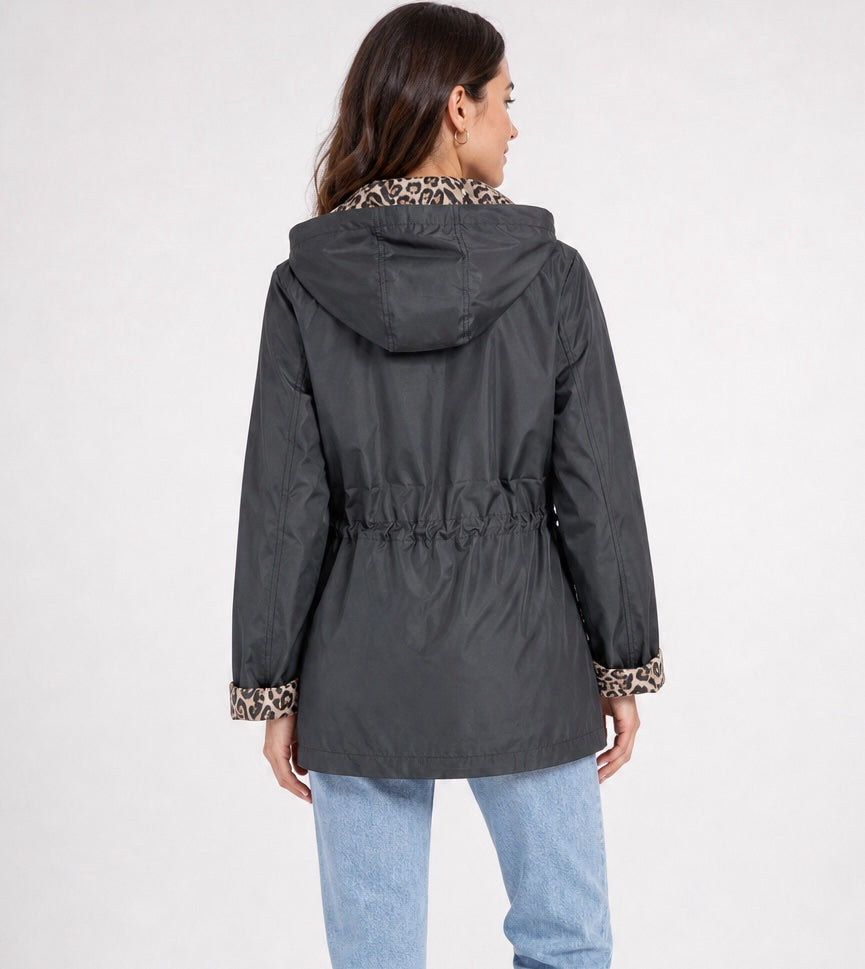 Reversible Hooded Drawstring Waist Jacket - Black (2)