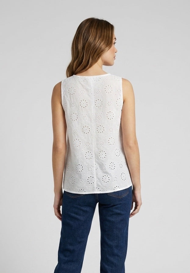 Broderie Anglaise Sleeveless V-Neck Top - White (2)
