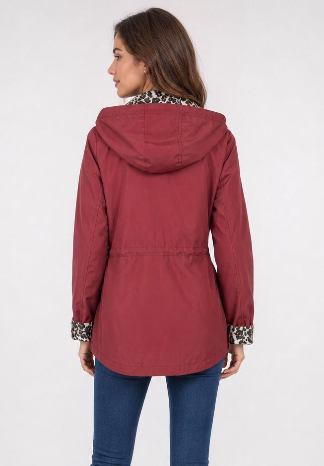 Hooded Parka Jacket with Leopard Print Lining - Wine (2)