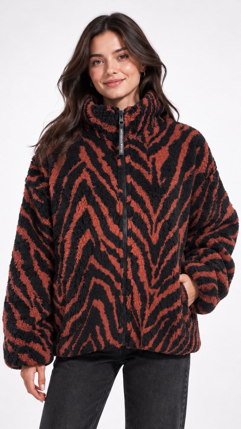 Zebra Print Fleece Zip Jacket - Black
