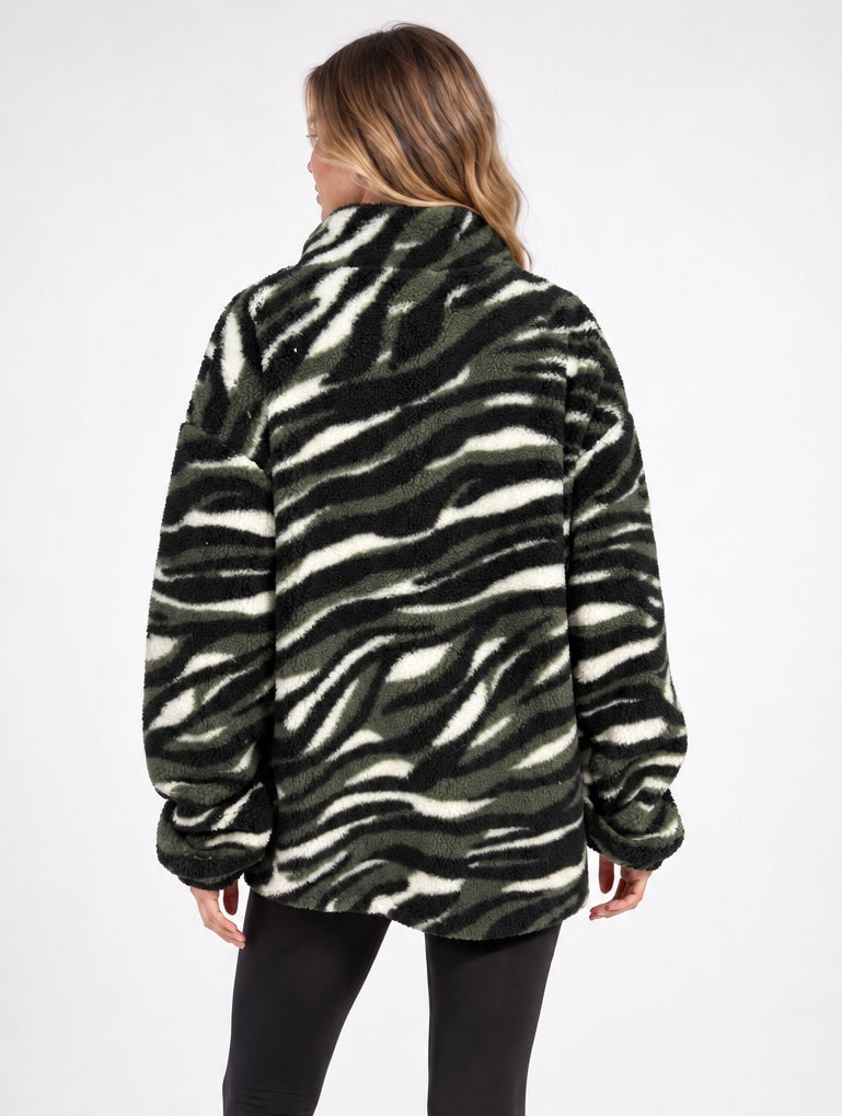Animal Print Borg Zip-Through Jacket - Khaki Green (2)