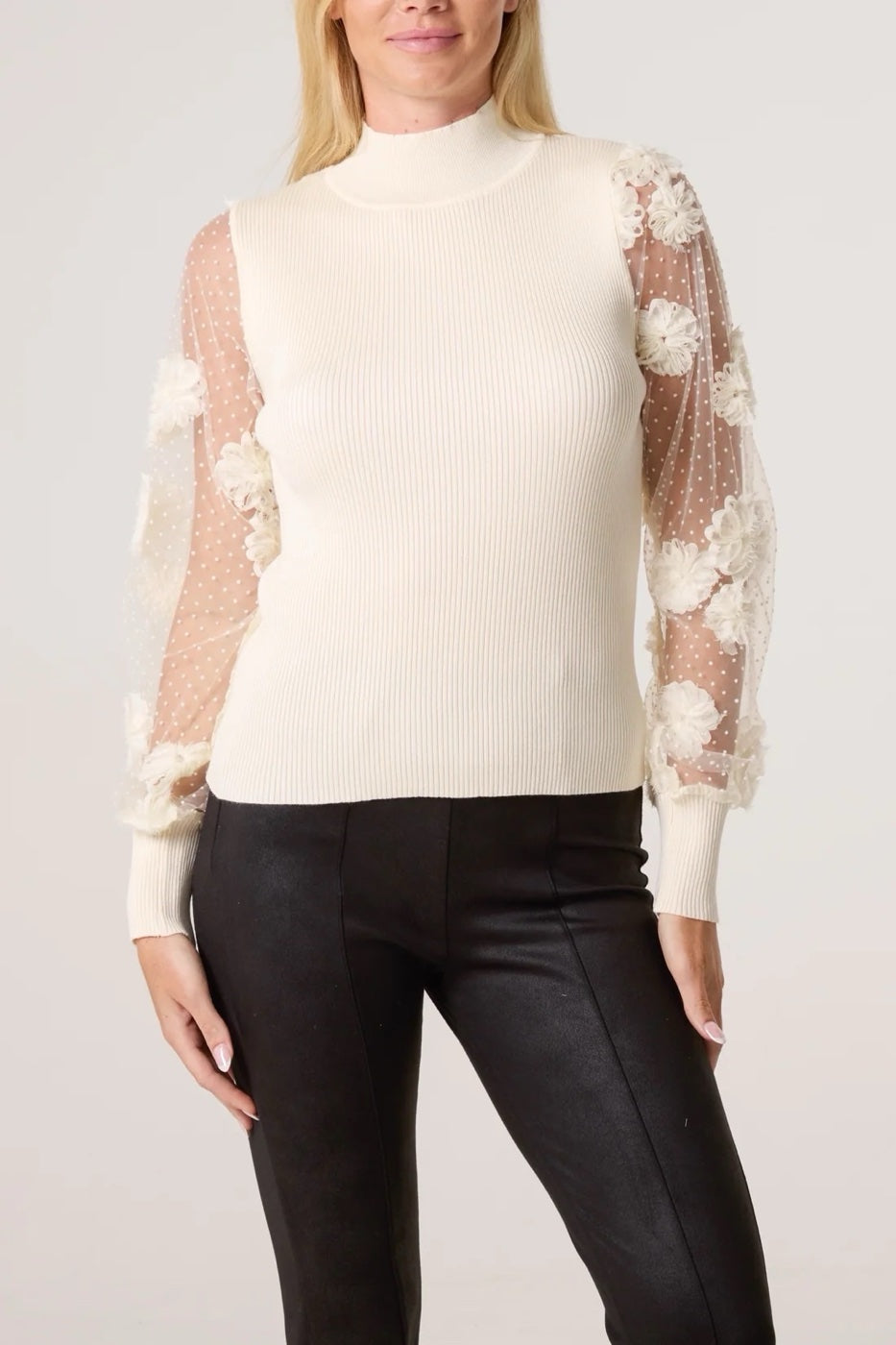 Mock Neck Sweater with Floral Sheer Sleeves - Ivory