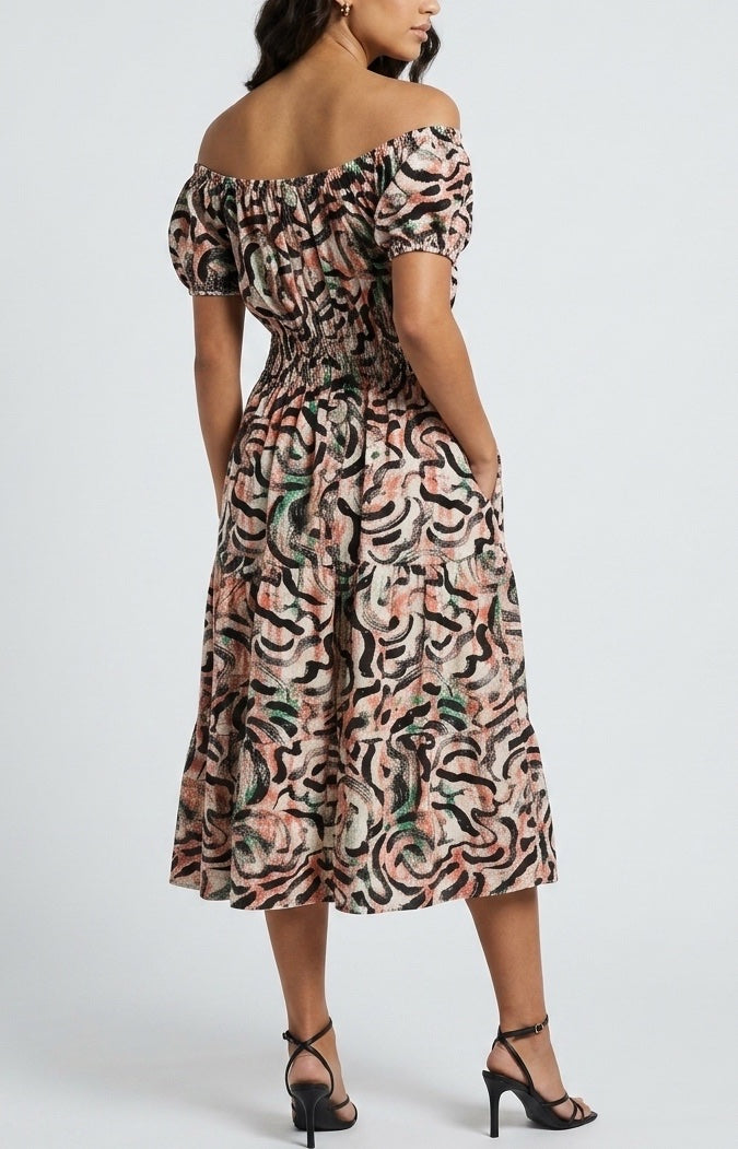 Printed Off-the-Shoulder Midi Dress - Red