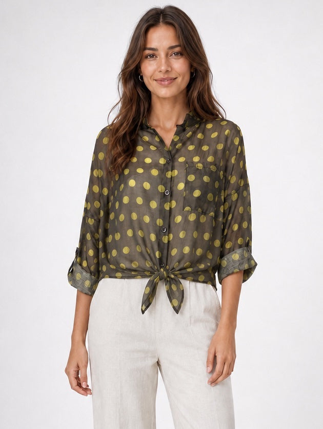 Polka Dot Tie-Waist Blouse - Chocolate