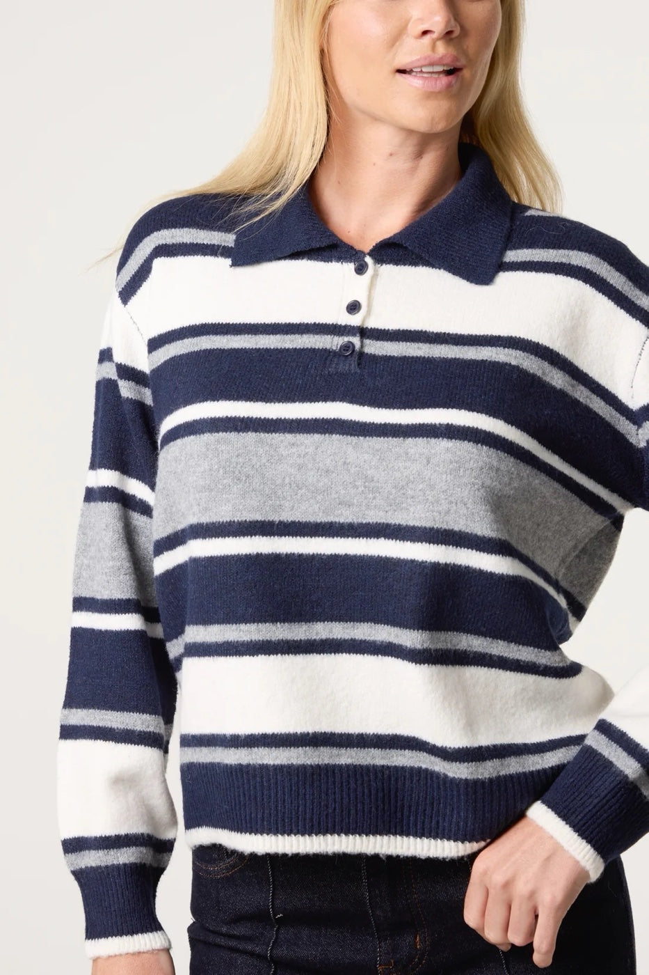 Striped Knitted Polo Jumper - Navy/Grey