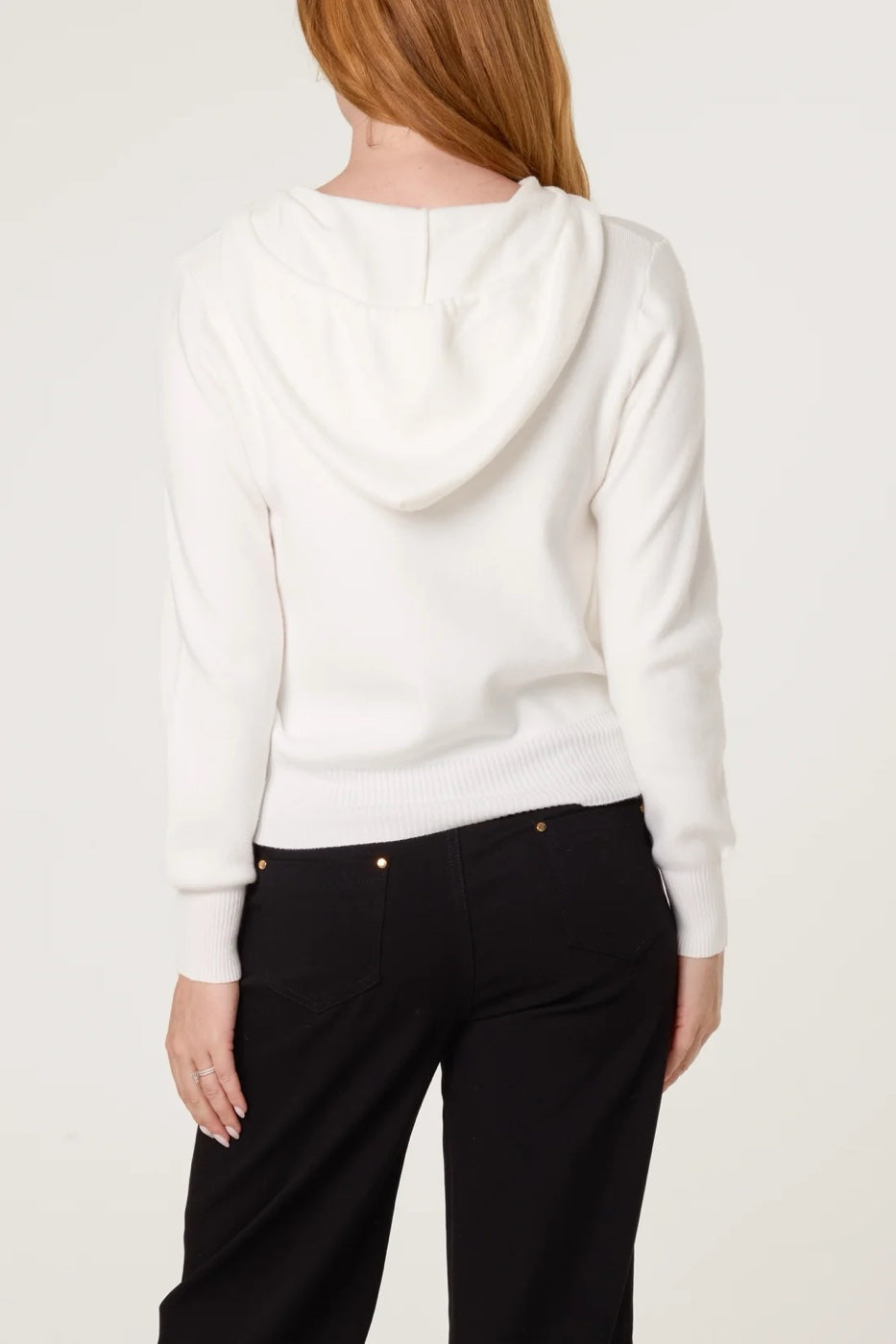 Knitted Hoodie Cardigan with Contrast Buttons - Ivory (2)