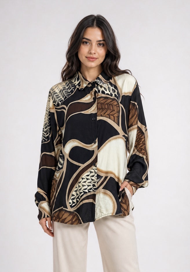 Abstract Print Button-Through Blouse - Black