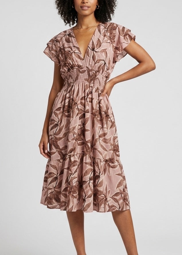 Shirred Waist Tiered Midi Dress - Brown