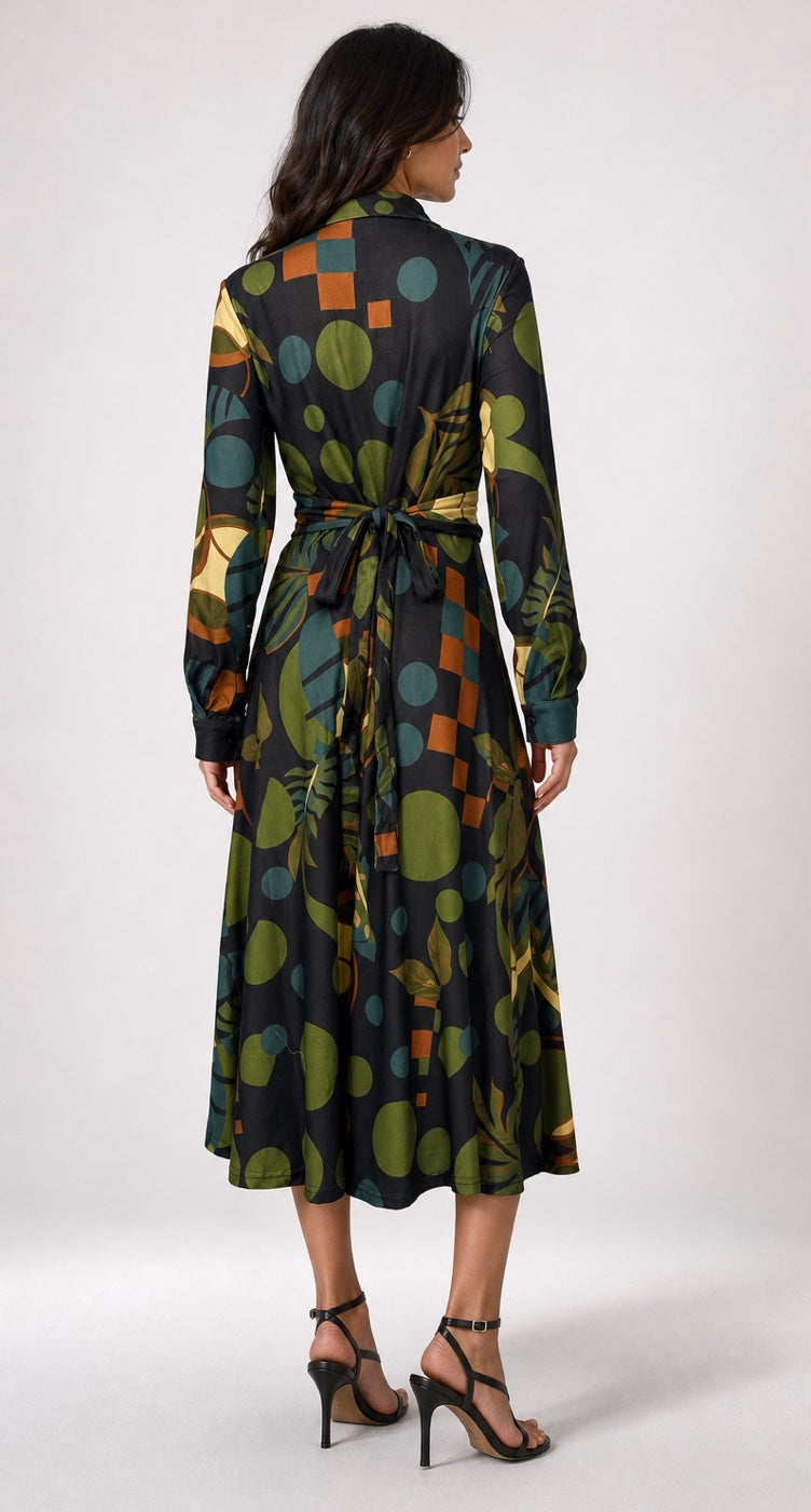 Abstract Print Midi Shirt Dress - Navy Blue (2)