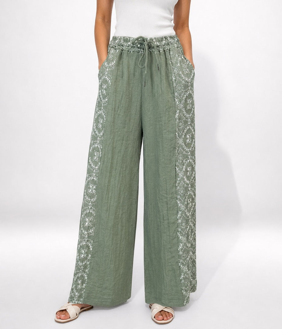 Panel Print Linen Mix Wide-Leg Trousers - Mixed Pack
