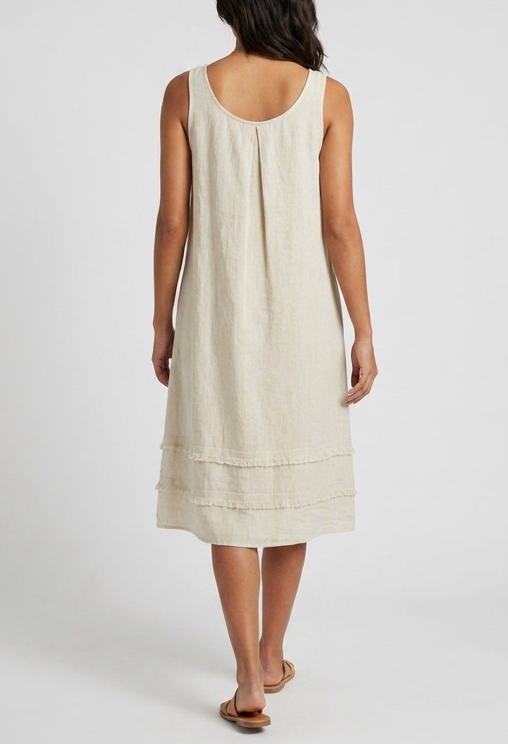 Cotton Shift Dress with Frayed Hem - Stone (2)