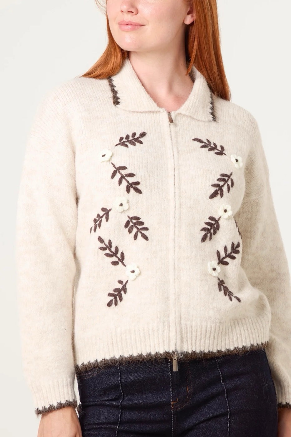 Embroidered Zip-Up Cardigan with Collar - Ivory