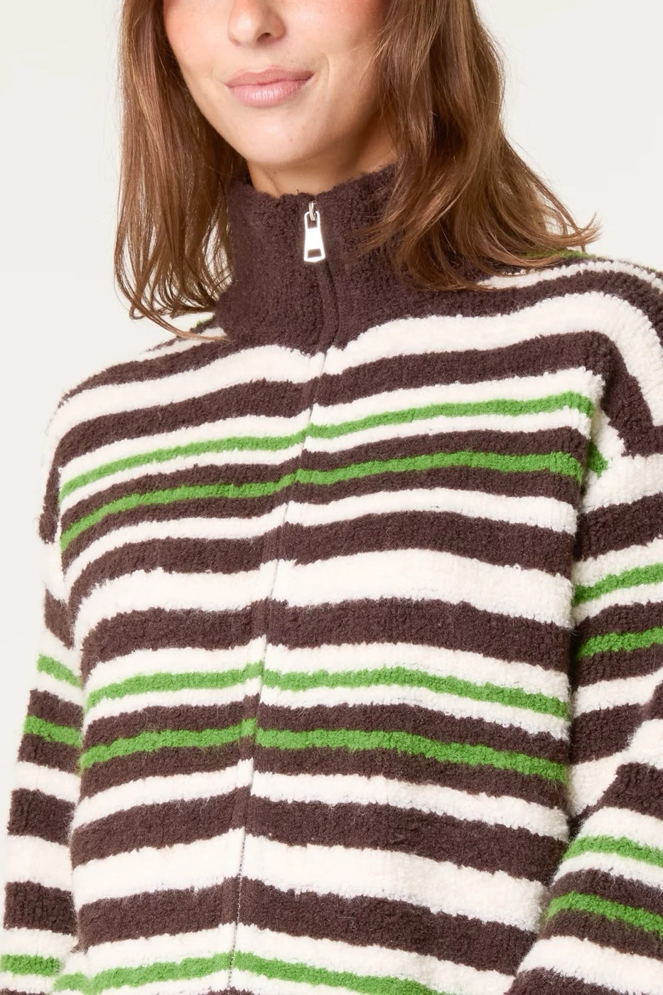 Striped Zip-Up Cost Fleece Knit Jacket  - Chocolate (2)