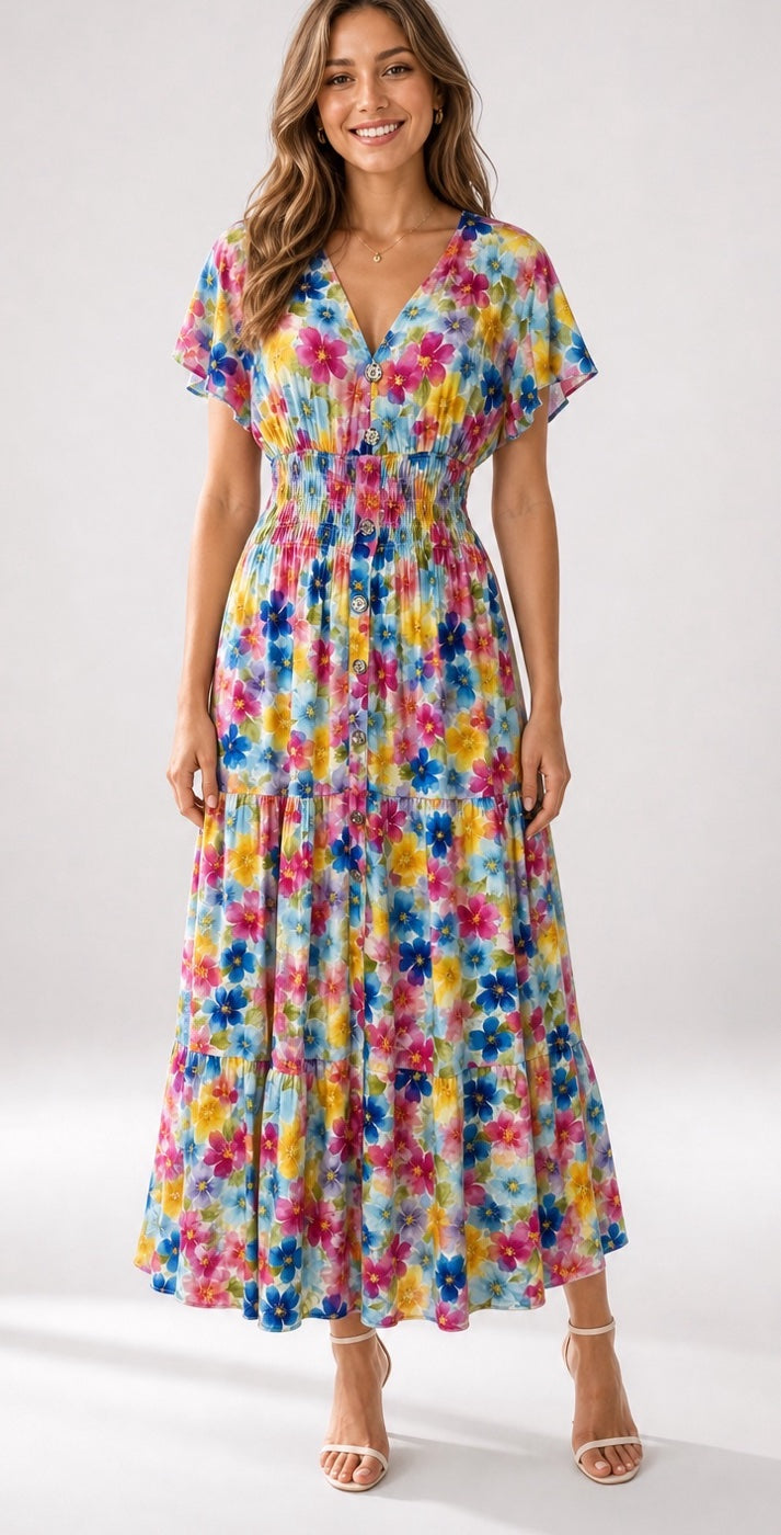 Tiered Maxi Dress with Flutter Sleeves - Blue