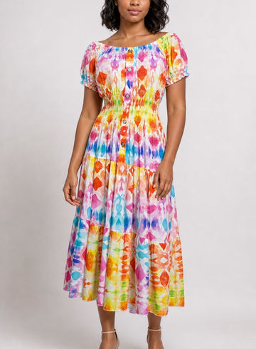 Off-Shoulder Tiered Midi Dress - Pink