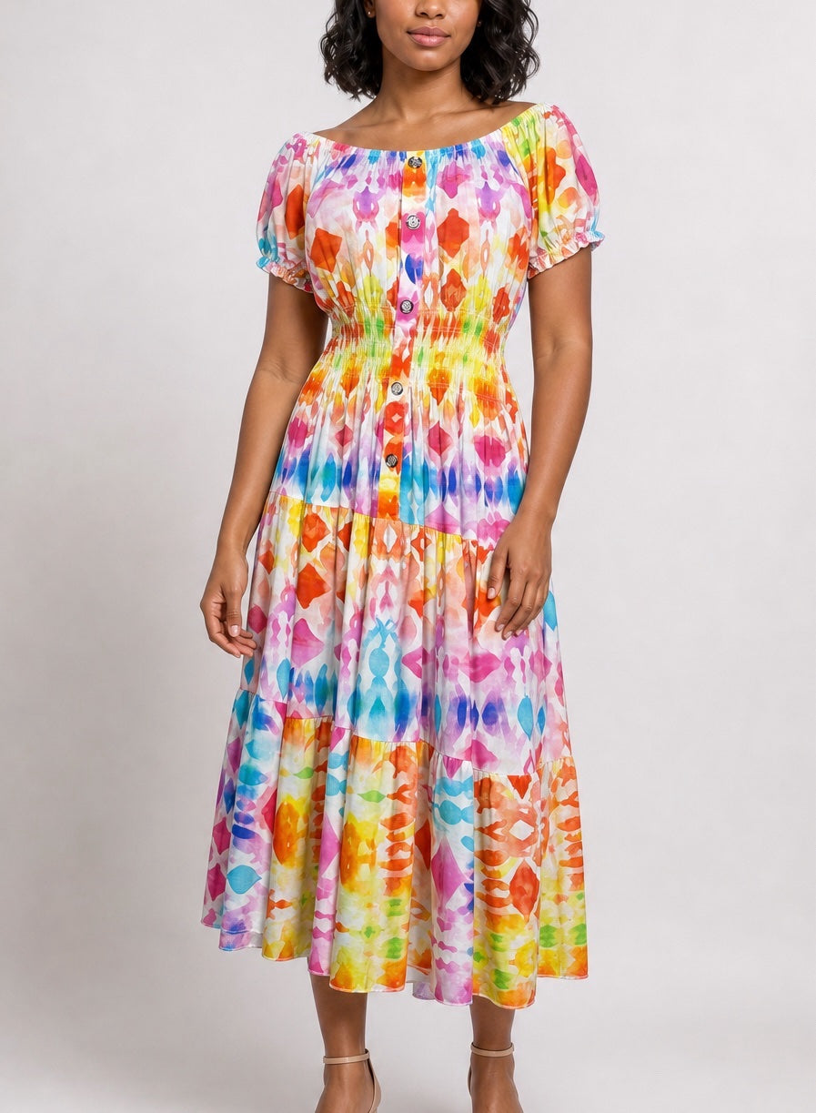 Off-Shoulder Tiered Midi Dress - Pink