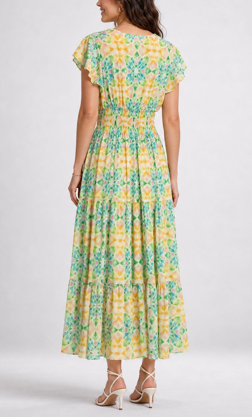 Flutter Sleeve Smocked Waist Maxi Dress 962-L2 - Yellow (2)