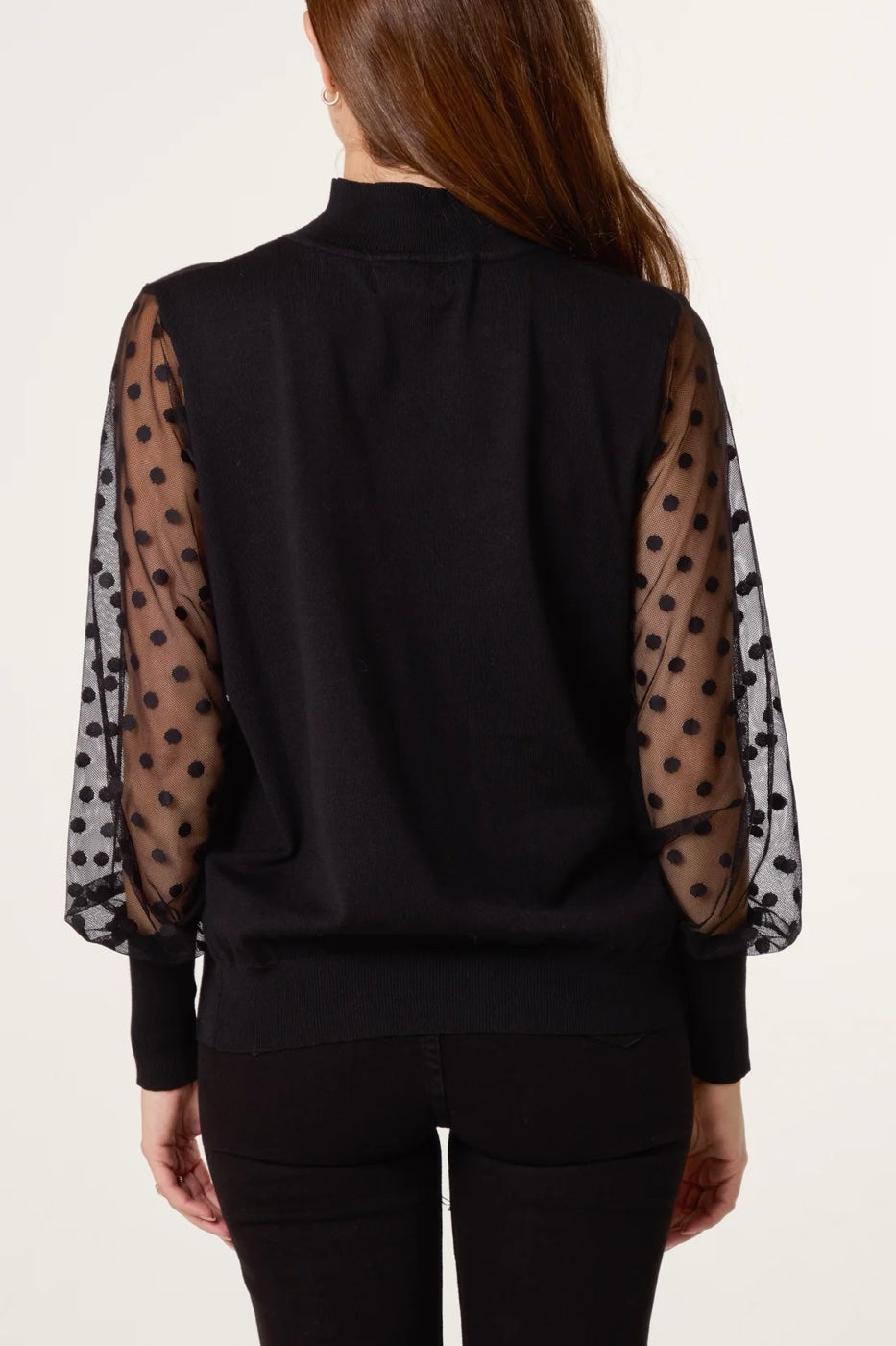 Mock Neck Jumper with Polka Dot Sheer Sleeves - Black (2)