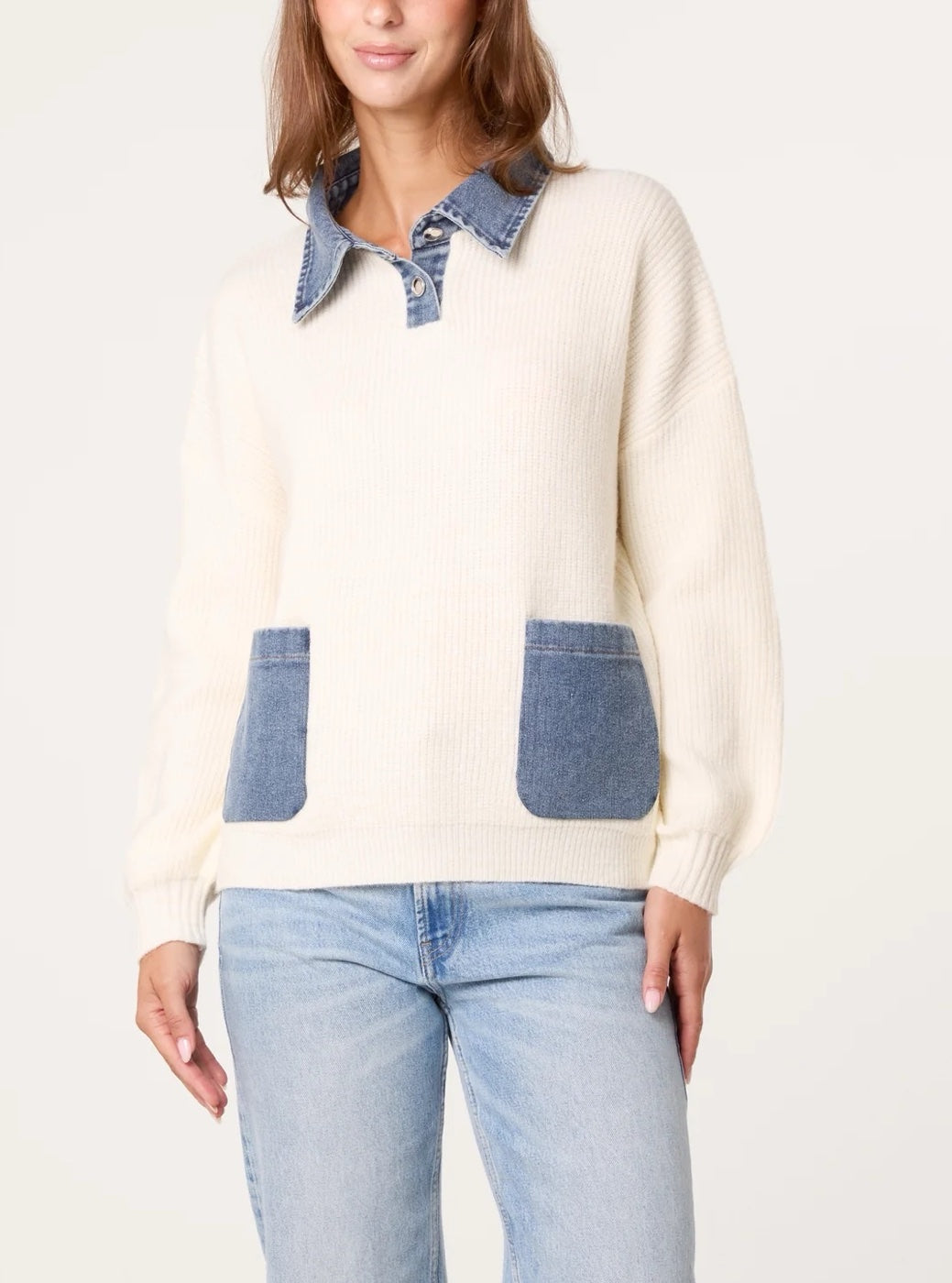Denim Collar Knit Pullover - Ivory