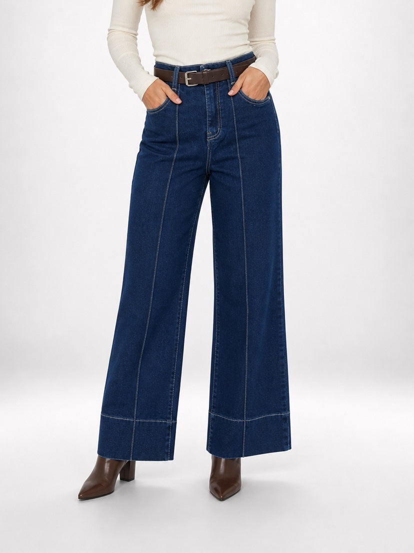 High-Waist Wide-Leg Belted Jean - Indigo
