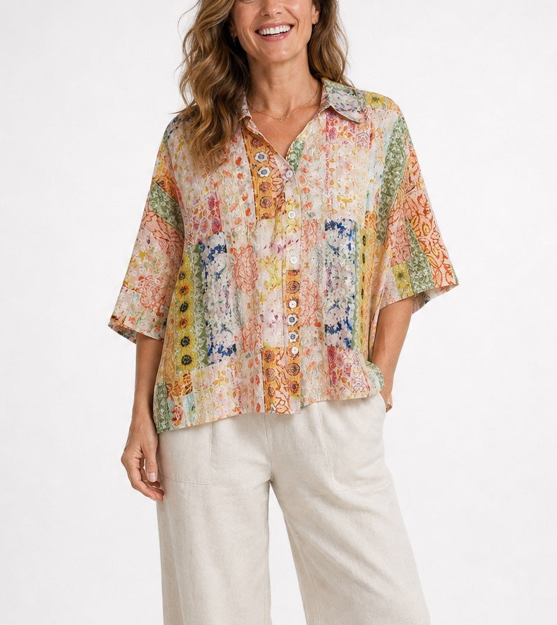 Patchwork Print Button-Front Blouse - Mixed Pack