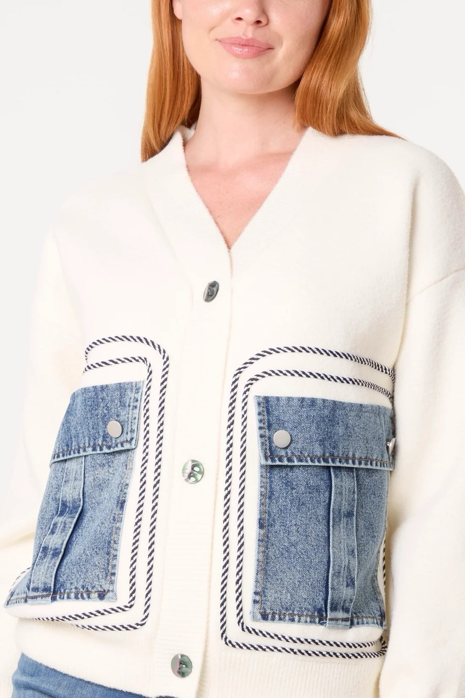 Denim Pocket Knit Jacket  - Ivory (2)