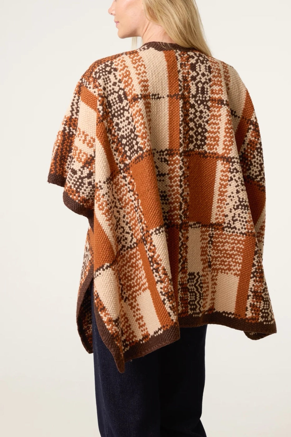 Geometric Pattern Knit Poncho - Brown (2)
