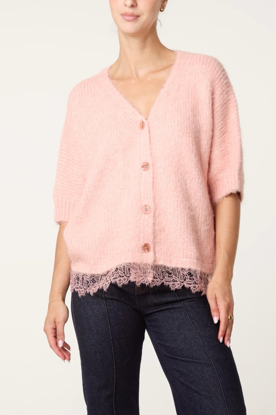 Lace Trim Fuzzy Knit Cardigan - Pink