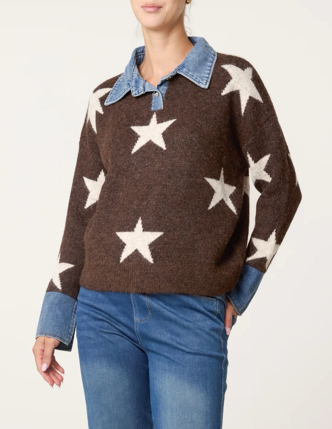 Star Print Knit Jumper with Denim Collar - Chocolate