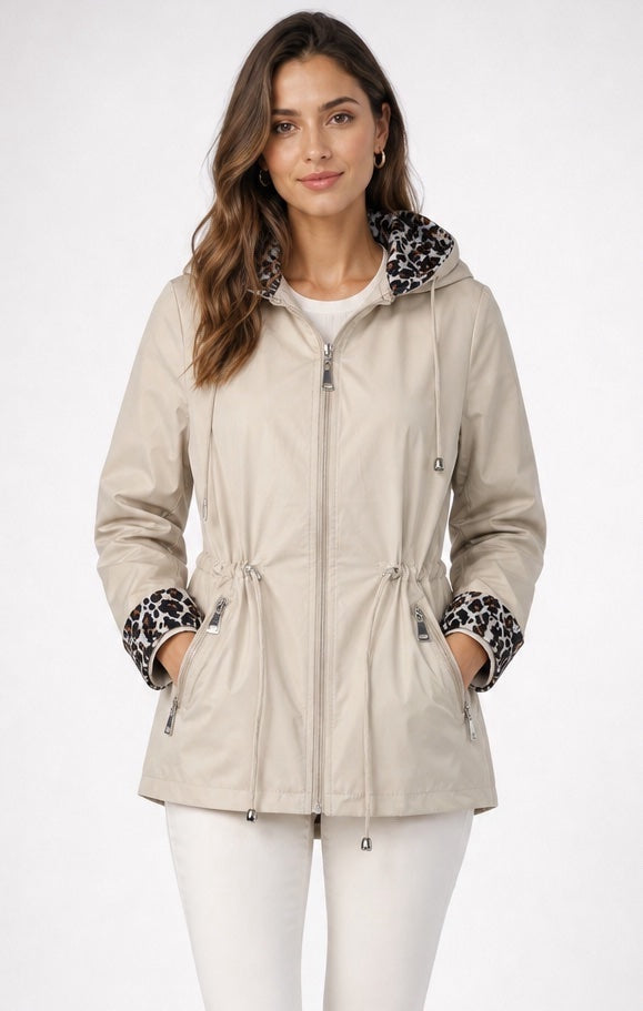 Drawstring Waist Animal Lined Hooded Jacket - Stone