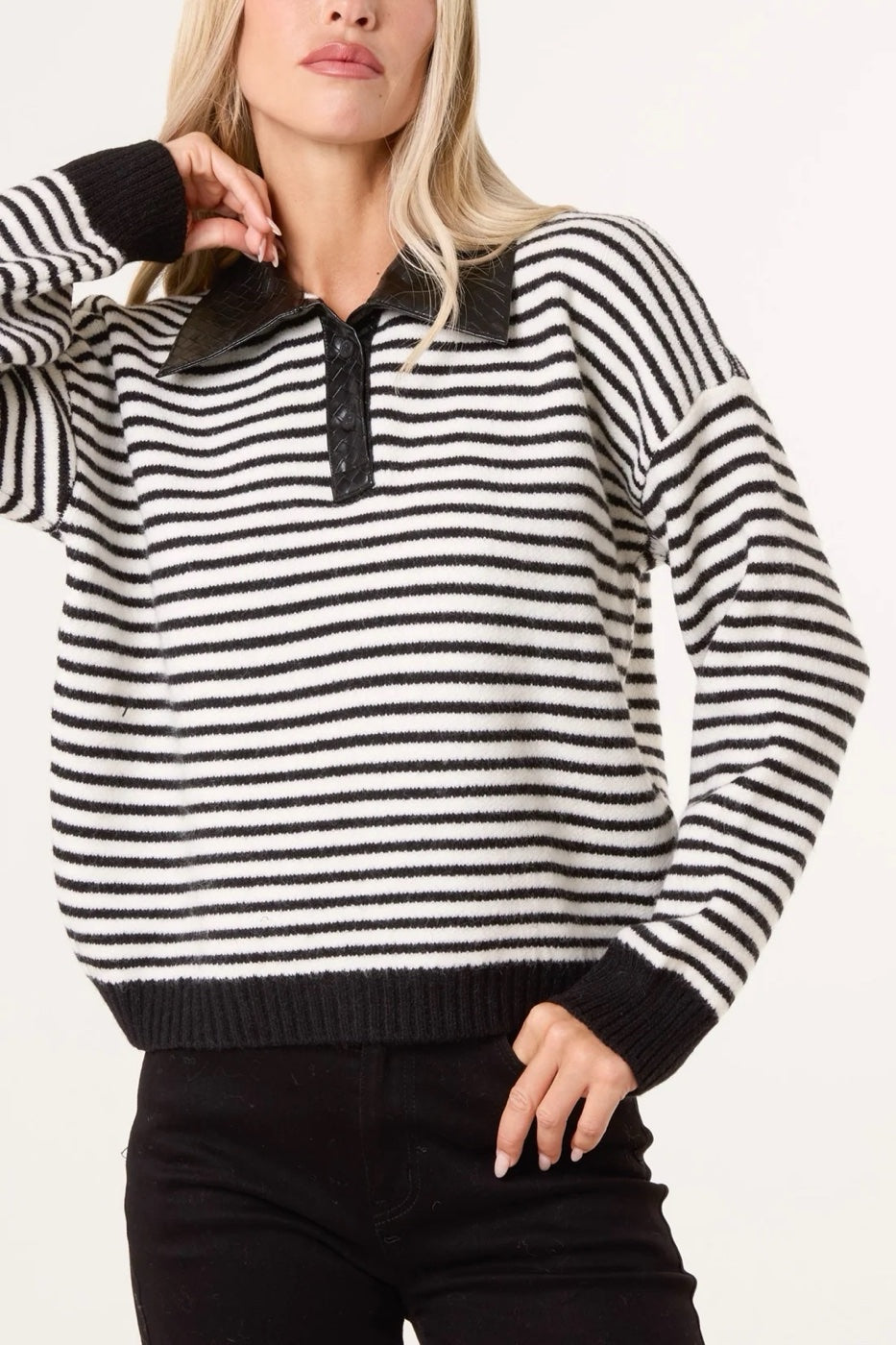 Striped Knit Jumper with Faux Leather Collar - Black