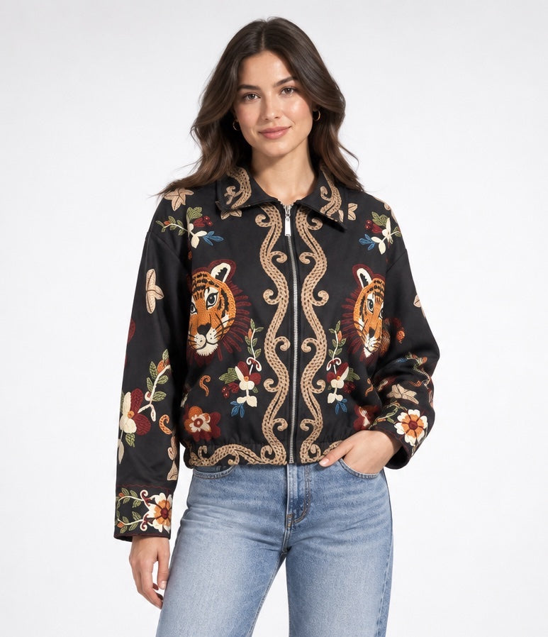 Embroidered Tiger Jacket - Black